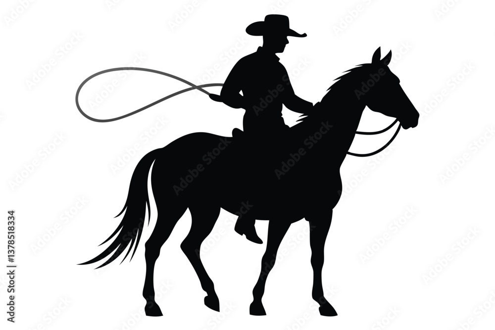 Naklejka premium Cowboy Silhouette Riding Horse with Lasso on Transparent Background Art