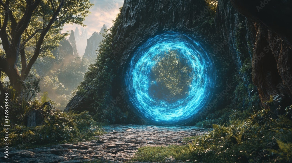 Fototapeta premium Mysterious glowing portal emerges in a serene forest at dawn, inviting exploration and adventure through untouched nature