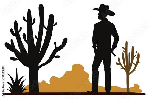 Cowboy Silhouette with Desert Cactus and Plants with Transparent Background