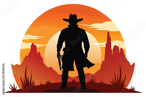 Cowboy Silhouette with Hat and Gun in Desert Landscape at Sunset