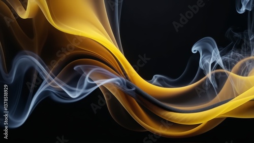 Swirling yellow and white ink clouds underwater on black background.