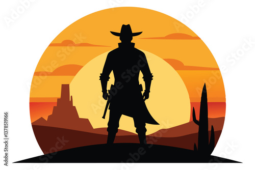 Cowboy Silhouette with Sunset, Desert Landscape, Western Scene, Retro