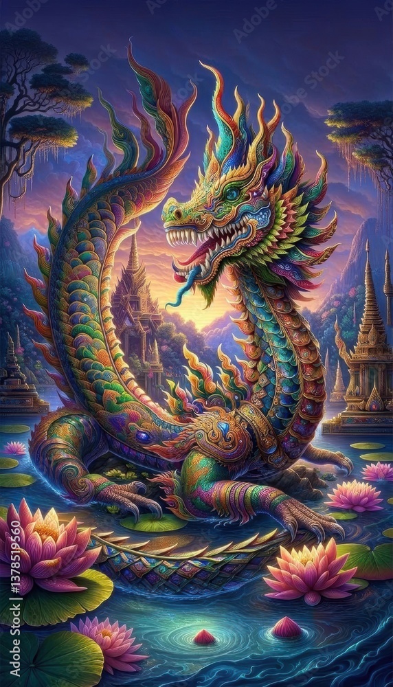 Obraz premium Vibrant Serpent in Mystical Landscape at Dusk
