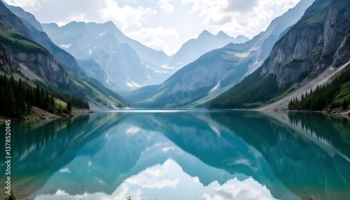 The serene lake, surrounded by majestic mountains and lush vegetation, creates a stunning mirror image of the rugged landscape, captivating all who gaze upon its crystal clear waters.