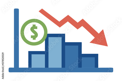 Decreasing Chart with Red Arrow and Dollar Symbol on White Background