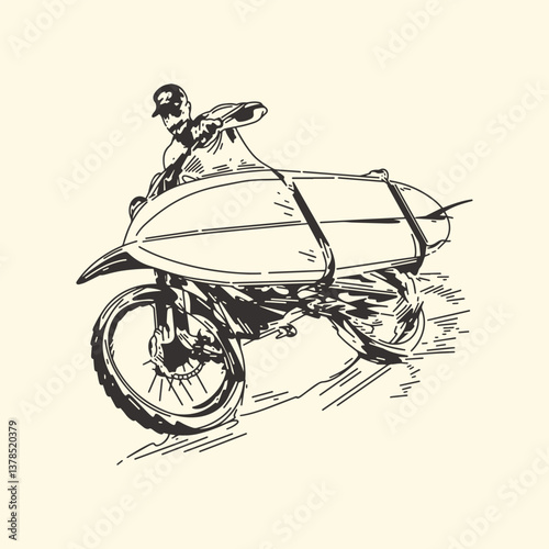 Sticker Man riding a motorbike goes surfing