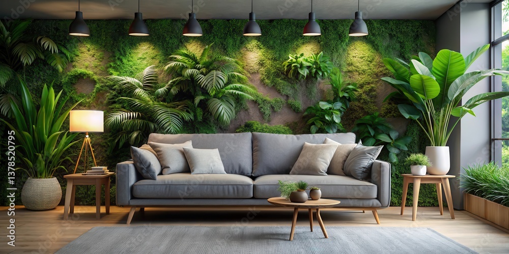 Fototapeta premium Cozy living room with grey sofa surrounded by lush greenery and natural textures