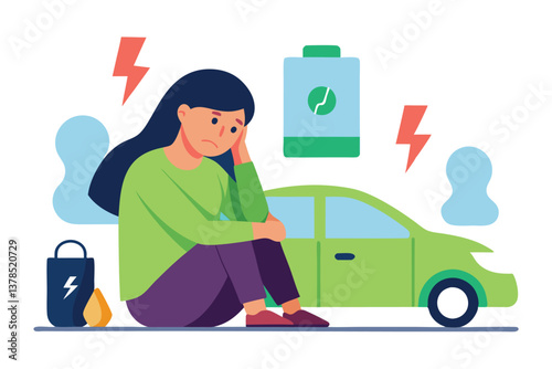 Depressed Woman Sitting Near Electric Car, Empty Battery, and Energy Symbols Flat