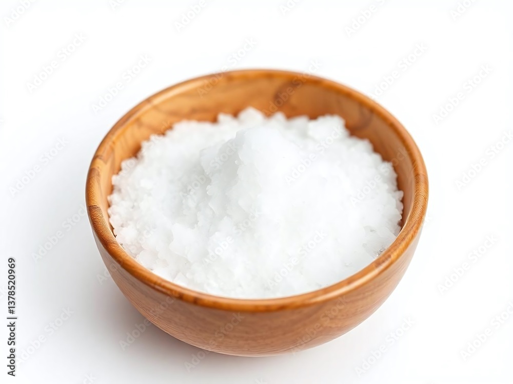 Close-up View of White Granulated Sugar Piled in a Wooden Bowl isolated on a White Background Close-up View of White Granulated Sugar Piled in a Wooden Bowl isolated on a White Background