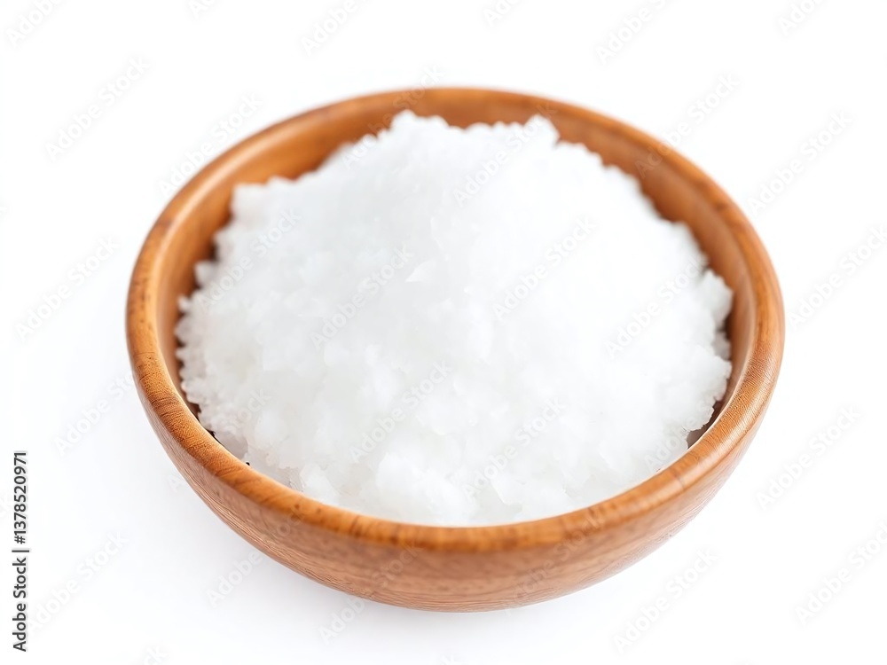 Close-up View of White Granulated Sugar Piled in a Wooden Bowl isolated on a White Background Close-up View of White Granulated Sugar Piled in a Wooden Bowl isolated on a White Background