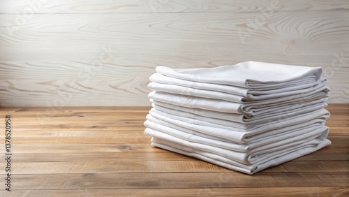 Freshly laundered tablecloth stacks neatly on a clean wooden floor, white, folded,  white, folded