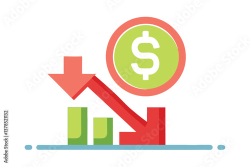 Dollar Coin and Downward Red Arrow with Green Bars on White Background
