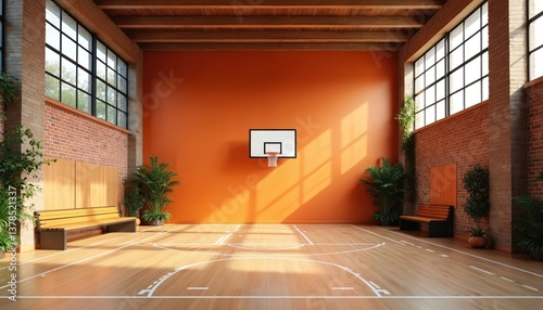Spacious indoor basketball court with natural light. Orange wall  wooden floor  brick walls. Sports hall  ready for a game or training. Modern architecture design with plants and benches.
