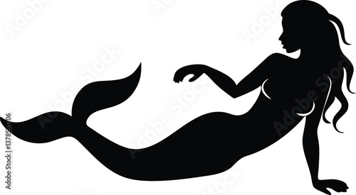 Elegant Mermaid Silhouette with Long Hair Resting in a Transparent Background