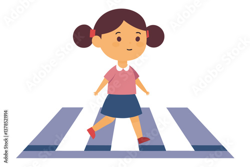 Cartoon girl crossing crosswalk with pigtails, shirt, skirt on white background