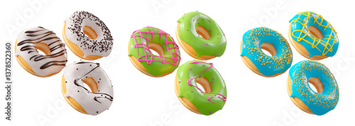 Photography Assorted donuts with colorful icing, sprinkles, and chocolate isolated on white transparent background