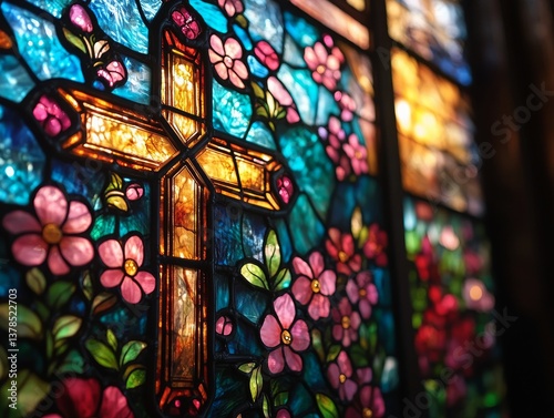Brilliant Golden Cross and Vibrant Floral Stained Glass Displaying Faith and Hope - A Celebration of Easter Resurrection with Intricate Design and Illuminating Light.