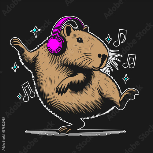 Capybara in headphones dancing, color flat vector illustration on transparent background.