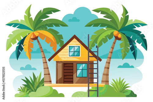 Cartoon House with Palm Trees, Ladder, Tropical Foliage Against Sky, Design