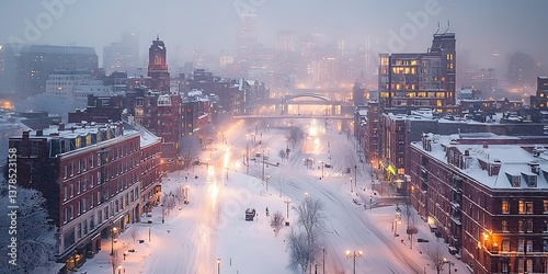 Snow-Covered Providence, Rhode Island, A Winter Wonderland Cityscape at Dusk