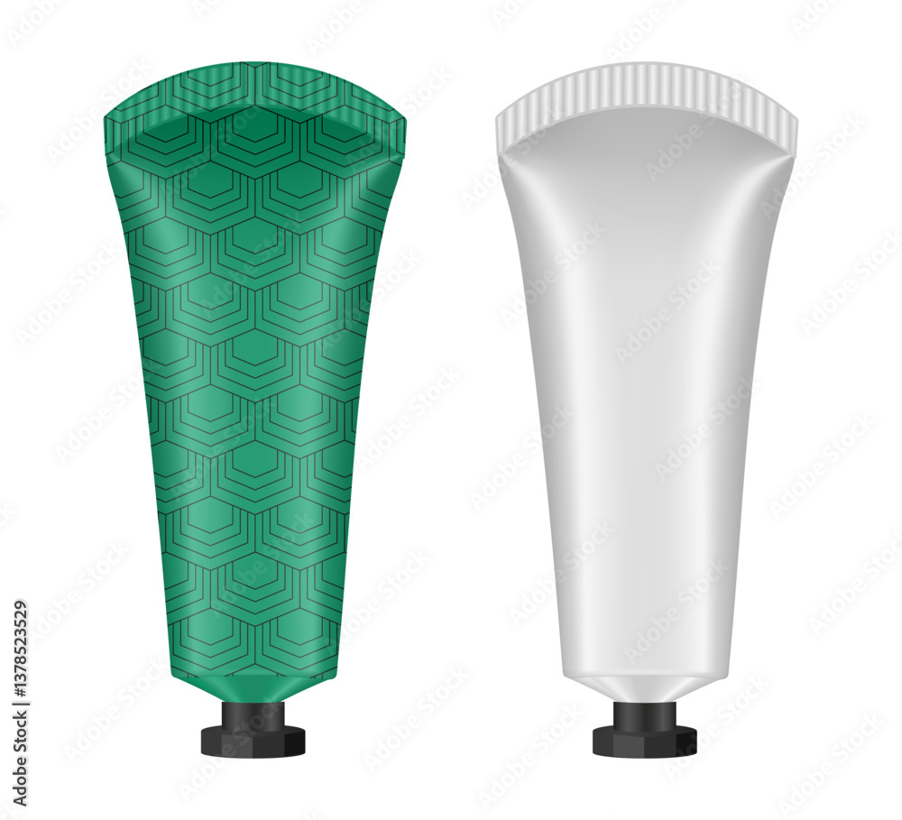 Set of cosmetic tubes with small screw cap. 3d mockup. Green pattern and white basic color. Hand cream, mask or lotion. Set of cosmetic tubes with small screw cap. 3d mockup. Green pattern and white basic color. Hand cream, mask or lotion.