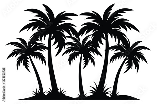 Five Palm Trees Silhouette on Isolated Tropical Island with a Transparent Background