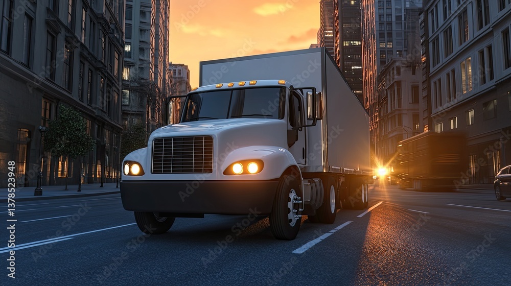 Obraz premium White Semi-Truck Driving Through City at Sunset