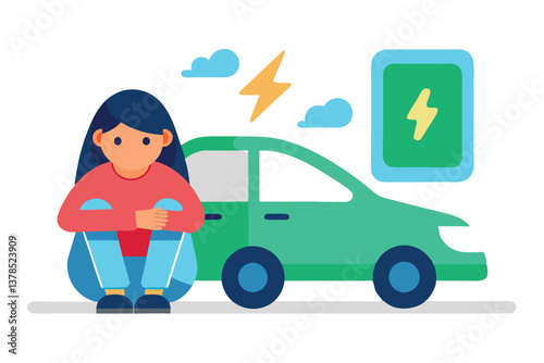 Flat Design Anxious Woman Sitting Near Electric Car With Transparent Background