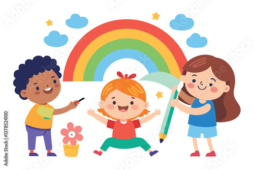 Cartoon Kids with Rainbow, Clouds, and Flower Pot on White Background, Cute Smiling Art