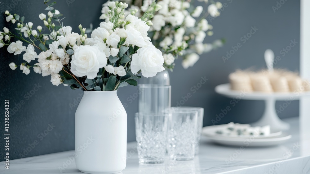 Obraz premium modern wedding decor, modern wedding catering with minimalist showroom setup, white monochrome floral sprays, and coordinated glass serveware around buffet