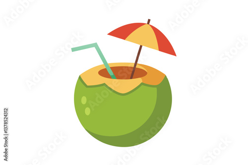 Flat Design Green Coconut with Straw and Decorative Umbrella on White Background