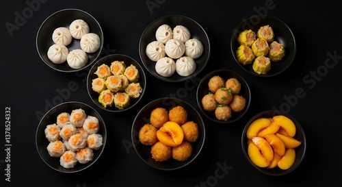 Assorted Delicious Dim Sum Dishes: Steamed Buns, Siu Mai, Meatballs, and Peaches