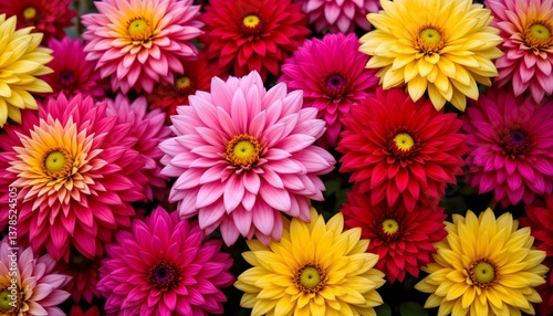 Vibrant and striking, the colorful background of petals from a variety of Dahlias create a stunning display of summer hues in the garden