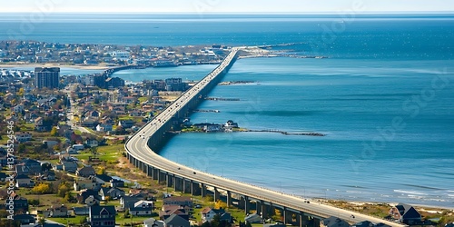 Spectacular aerial view of Virginia Beach bridge over the Chesapeake Bay