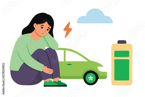 Flat Design Upset Woman Sitting Beside Low Battery Electric Car and Cloud Icon