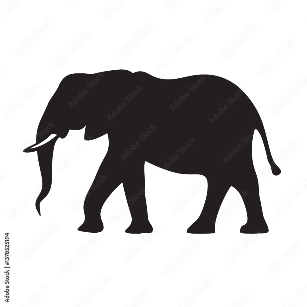 A large elephant silhouette walks, a wild mammal isolated on white A large elephant silhouette walks, a wild mammal isolated on white