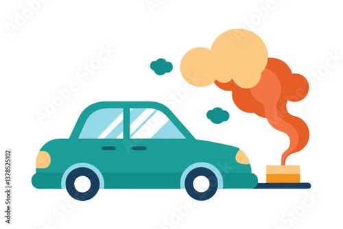 Flat Green Car with Orange Smoke, White Background, Pollution, Simple