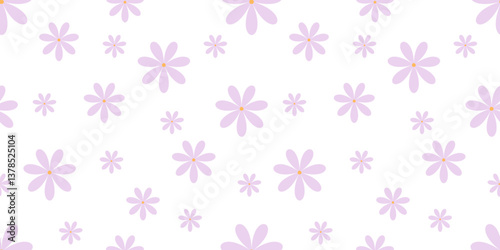 Soft pastel floral pattern featuring light purple daisy flowers on a white background. Ideal for textiles, wallpapers, and digital designs. Vector illustration