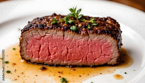 The illustration features a succulent cut of beef, perfectly cooked to a juicy medium rare, with a caramelized crust on the outside and tender pink meat on the inside