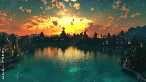 A futuristic city skyline rises against a vibrant sky filled with colorful clouds, reflecting hues of pink,