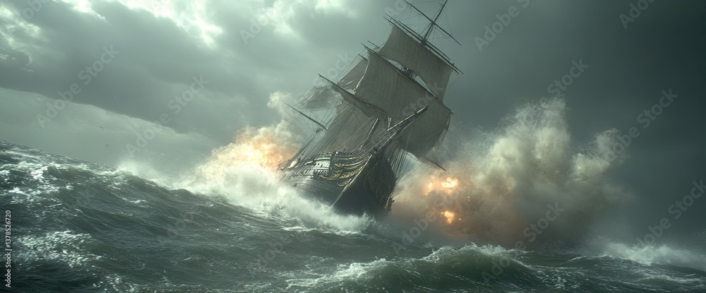 Fototapeta premium Ship battles tumultuous sea under a stormy sky, amidst churning waves and turbulent weather