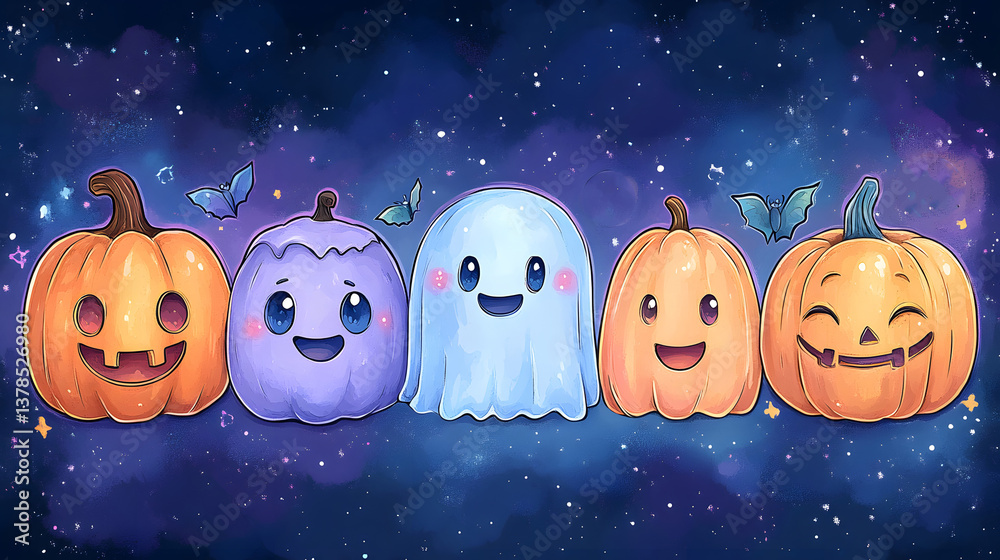 Fototapeta premium A ghost and pumpkin sticker set with cute expressions and vibrant colors