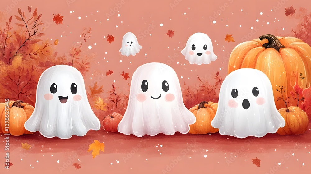 Obraz premium Floating ghost stickers with a warm autumn color scheme in a Halloween theme