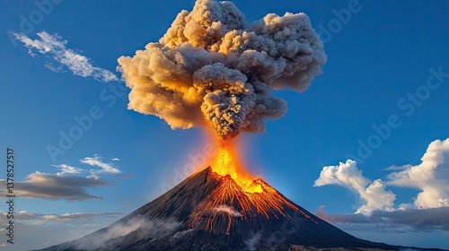 Intense close-up of Krakatoas volcanic explosion, smoke and fire shooting skyward