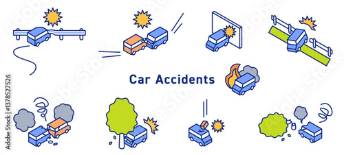 Illustration of car accident and vehicle trouble. Isometric diagram car accident vector illustration.