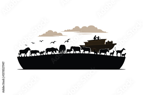Noah's Ark Silhouette A Biblical Illustration of Animals Entering the Ark