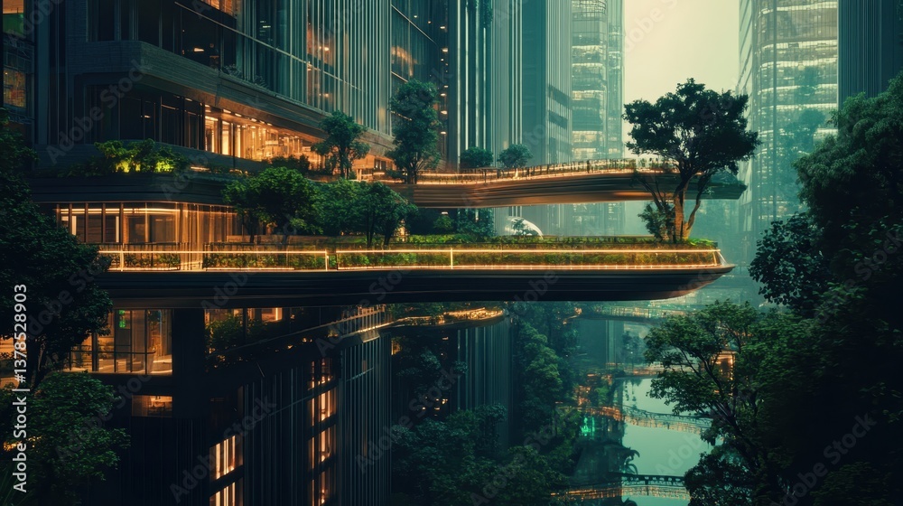 Fototapeta premium Futuristic cityscape with lush greenery along a tranquil waterway at dusk