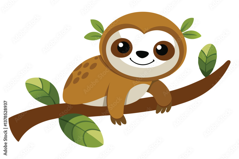 Obraz premium Cartoon Sloth Perched on Branch with Leaves on White Background Animal