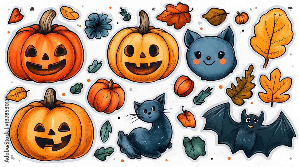 Naklejka premium A pumpkin and bat sticker set with soft textures and bright autumn colors