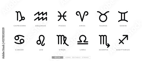 Zodiac symbols illustrate with vector icon set, compose of Aries, Taurus, Gemini, Cancer, Leo, Virgo, Libra, Scorpio, Sagittarius, Capricorn, Aquarius and Pisces. Astrology and constellation concept.